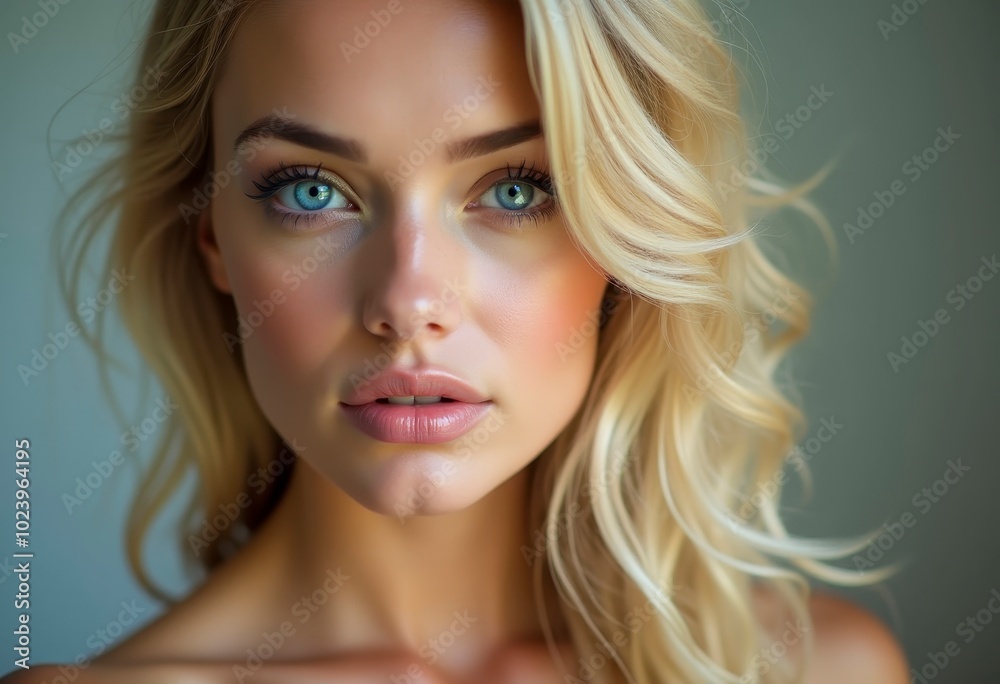 Young Woman With Striking Blue Eyes and Flowing Blonde Hair Posing Softly in Natural Light Young Woman With Striking Blue Eyes and Flowing Blonde Hair Posing Softly in Natural Light