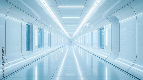 3D Futuristic Glossy Corridor with LED Lighting: Seamless Camera Glide Through Innovative Tech Hallway � Ideal for Sci-Fi & Tech Promotions, Great Copy Space!