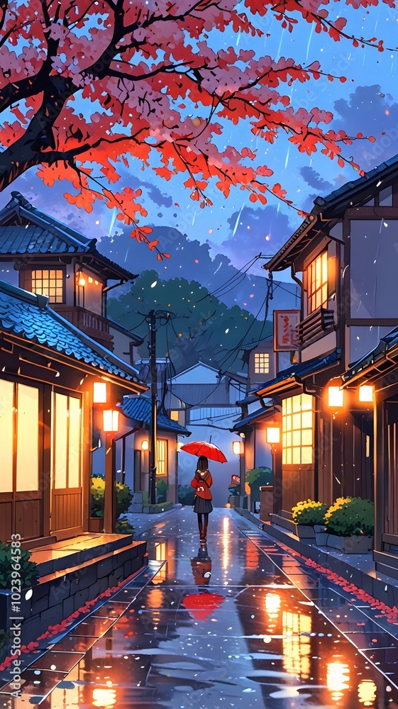 Peaceful anime wallpaper depicting a cozy rainy day in a quiet town with a character holding an umbrella, perfect for relaxation Peaceful anime wallpaper depicting a cozy rainy day in a quiet town with a character holding an umbrella, perfect for relaxation