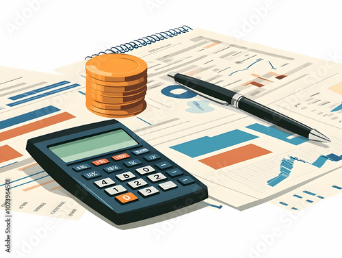 High Definition Flat Glossy Calculator and Pen on Financial Documents with Ample Copy Space for Branding and Text in Smart Business Presentation