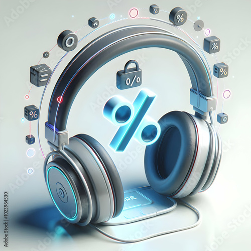 3D Headphones Concept with Holographic Sale Icons on Glossy Surface - Modern Design Featuring Floating Percentage and Revenue Tags photo