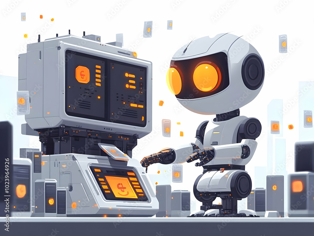 Fototapeta premium Flat Nano Robot Cash Counter Concept: Macro Shot of Tiny Robots Counting & Sorting Microscopic Cash Particles in a Smart Business Tone Illustration - Future of Automated Financial Transactions