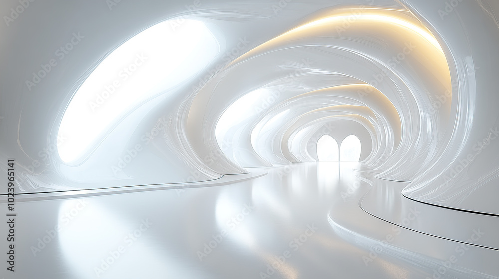 3D render of a white futuristic interior with organic shapes, curved lines and smooth curves, glossy surface 3D render of a white futuristic interior with organic shapes, curved lines and smooth curves, glossy surface