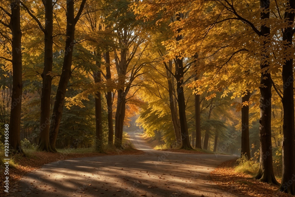 Naklejka premium Serene autumn forest with a path covered in fallen leaves, ideal for a tranquil nature walk.
