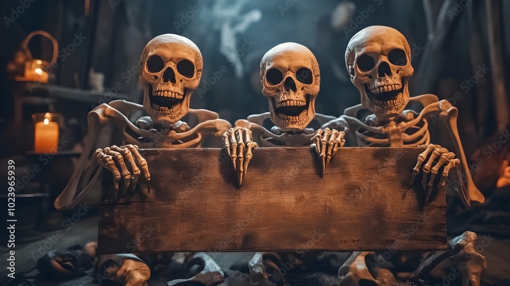 Halloween Party - Skeletons With Wooden Banner In Spooky Nights Halloween Party - Skeletons With Wooden Banner In Spooky Nights