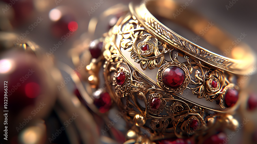 Intricate gold filigree jewelry adorned with red gemstones showcases exquisite craftsmanship and elegance. This close up captures beauty and detail of antique design Intricate gold filigree jewelry adorned with red gemstones showcases exquisite craftsmanship and elegance. This close up captures beauty and detail of antique design