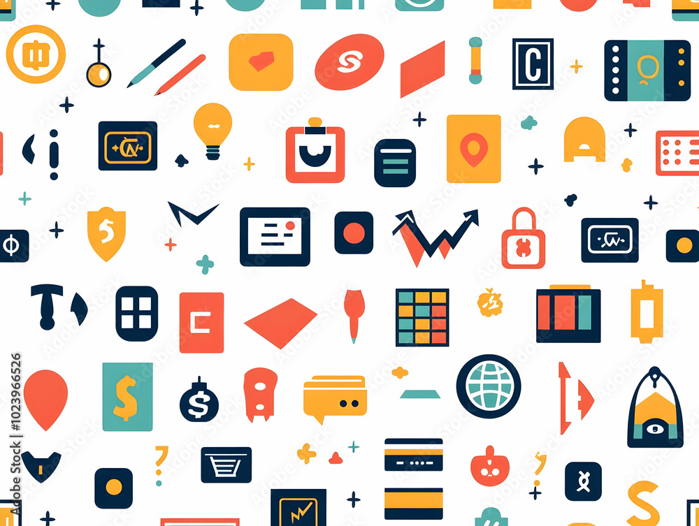 Flat Minimalist Seamless Tile Pattern with Geometric Shapes, Discount Symbols, and Currency Icons for Modern Business Advertising Flat Minimalist Seamless Tile Pattern with Geometric Shapes, Discount Symbols, and Currency Icons for Modern Business Advertising