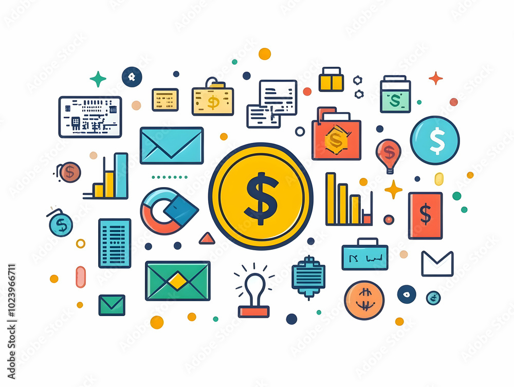 Flat Floating Promotional Badge with Currency Symbols and Discount Tags - Modern Vector Graphic for Financial Promotions and Effective Advertising Strategies in Business Flat Floating Promotional Badge with Currency Symbols and Discount Tags - Modern Vector Graphic for Financial Promotions and Effective Advertising Strategies in Business