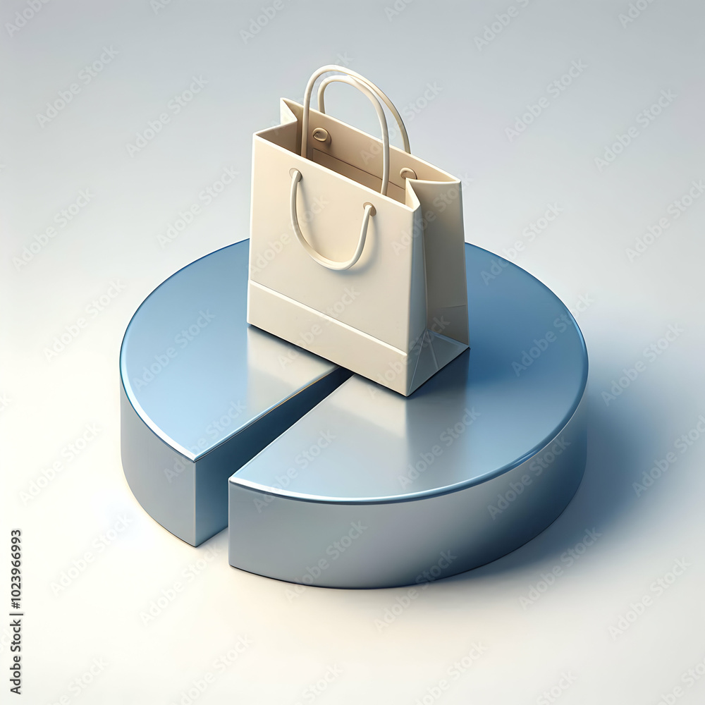 Isometric 3D Pie Chart with Shopping Bag Slice - Glossy Finish and Textured Handle Isolated on White Background for Photo Stock Concept Isometric 3D Pie Chart with Shopping Bag Slice - Glossy Finish and Textured Handle Isolated on White Background for Photo Stock Concept