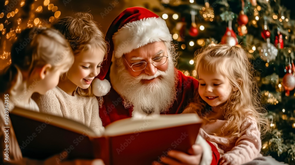 Santa Reading a Story to Children by the Beautifully Decorated Christmas Tree at Home Santa Reading a Story to Children by the Beautifully Decorated Christmas Tree at Home