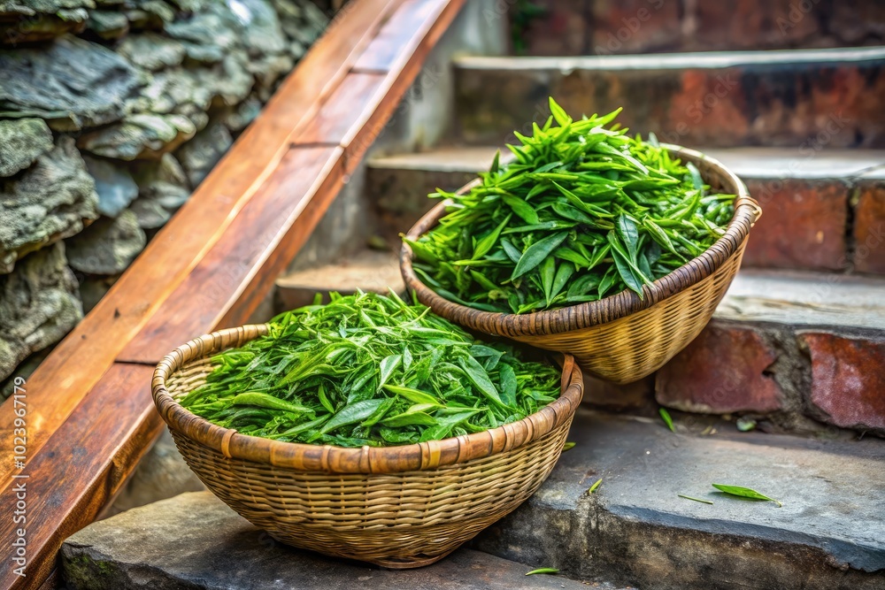 A bamboo basket brimming with freshly picked green tea leaves rests against concrete stairs in Kyaukme, a charming spot in Shan State, Myanmar.