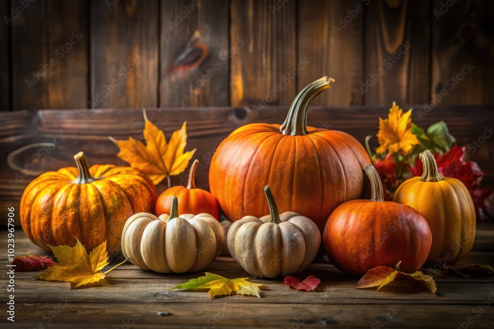 Autumn Thanksgiving Minimalist Photography with Pumpkins and Fall Foliage on Wooden Background Autumn Thanksgiving Minimalist Photography with Pumpkins and Fall Foliage on Wooden Background