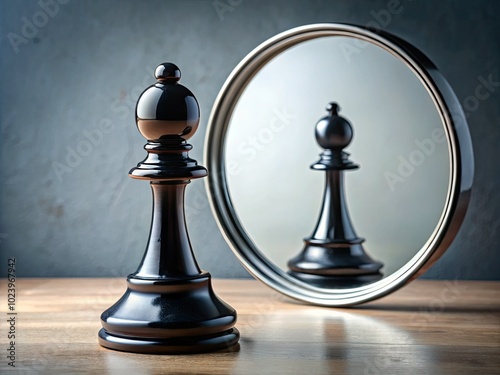 A black pawn stands before a round mirror, reflecting the white queenâ€”symbolizing contradiction and distortion in a game where perceptions can mislead reality.