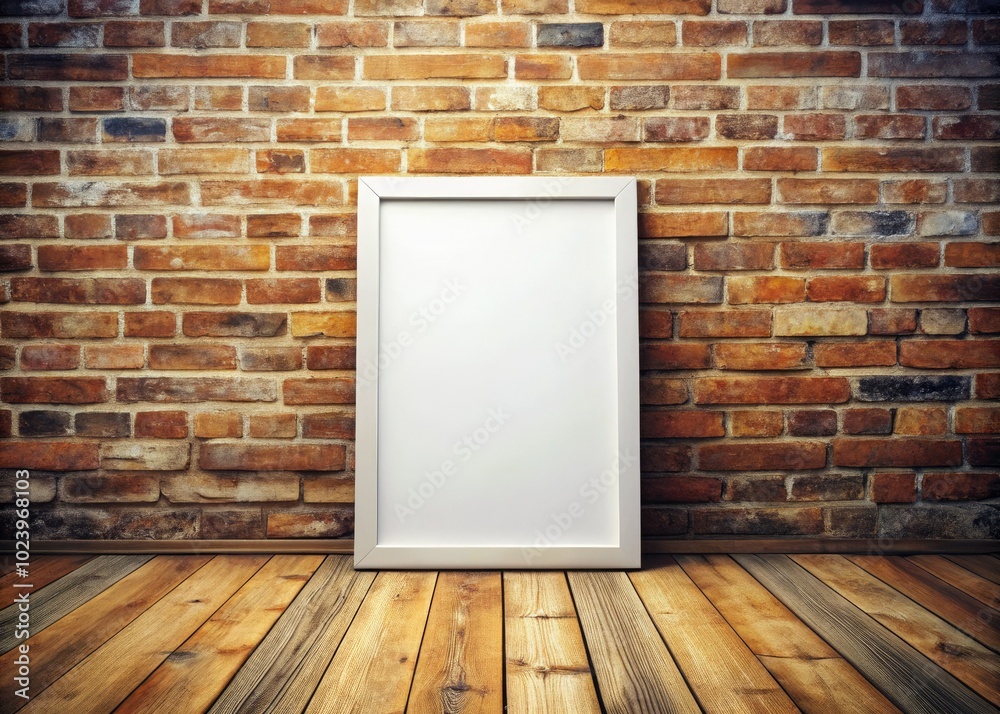 A blank white canvas frame stands against a grunge brick wall, complemented by a wooden floor, offering a perfect backdrop for creative display ideas. A blank white canvas frame stands against a grunge brick wall, complemented by a wooden floor, offering a perfect backdrop for creative display ideas.