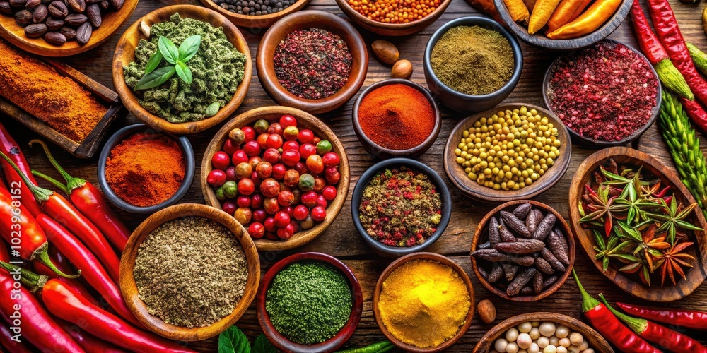 A vibrant collection of spices arranged in rows, featuring peppercorns, chili, paprika, cumin, and a variety of others, showcasing an array of colors and flavors. A vibrant collection of spices arranged in rows, featuring peppercorns, chili, paprika, cumin, and a variety of others, showcasing an array of colors and flavors.