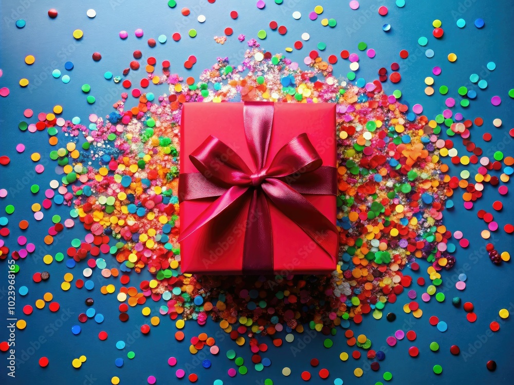 A vibrant flat lay of a red gift box adorned with a ribbon, surrounded by colorful confetti, perfect for a joyful birthday celebration. A vibrant flat lay of a red gift box adorned with a ribbon, surrounded by colorful confetti, perfect for a joyful birthday celebration.