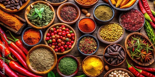 A vibrant collection of spices arranged in rows, featuring peppercorns, chili, paprika, cumin, and a variety of others, showcasing an array of colors and flavors.