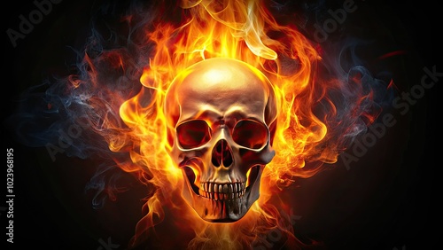 A blazing skull surrounded by vibrant flames represents imminent danger, mortality, and extreme heat, set against a dark backdrop that enhances its ominous presence.