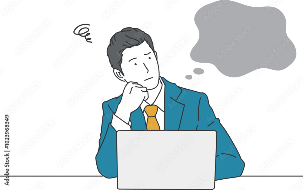 パソコンの前で悩むビジネスマンのシンプルイラスト