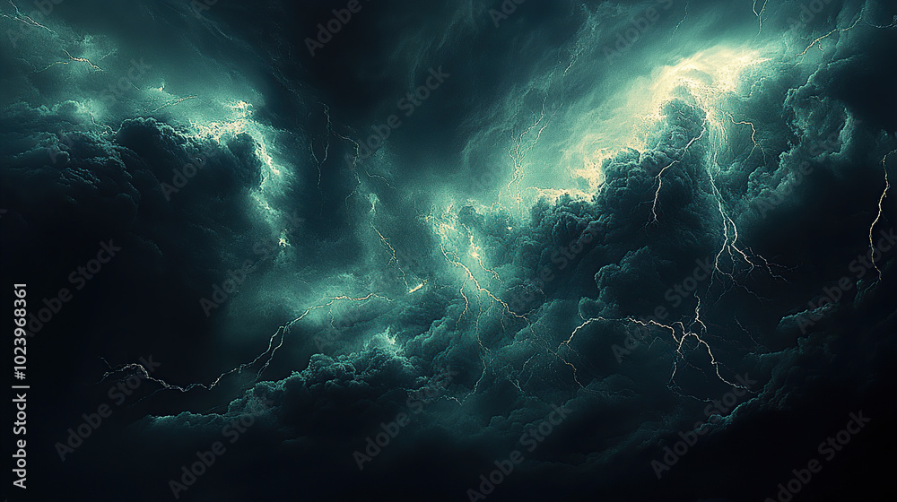 A dark, ominous lightning storm rages in the sky, rendered in a fantastical, cinematic art style A dark, ominous lightning storm rages in the sky, rendered in a fantastical, cinematic art style