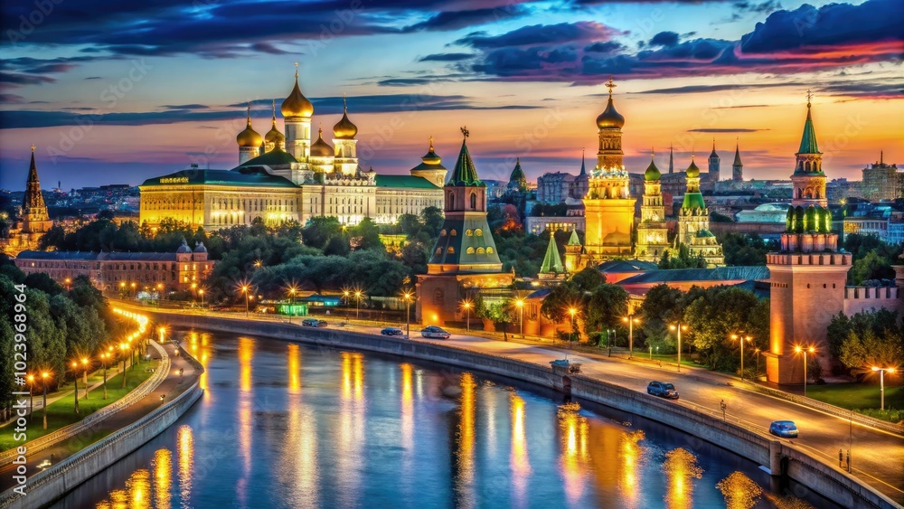 A breathtaking nighttime panorama of a lively Russian metropolis, aglow with brilliant city lights as dusk embraces the skyline in vibrant colors. A breathtaking nighttime panorama of a lively Russian metropolis, aglow with brilliant city lights as dusk embraces the skyline in vibrant colors.
