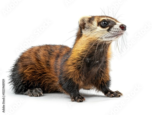 Side profile of Marbled Polecat isolated on white, wildlife predator species, rare stock photo photo