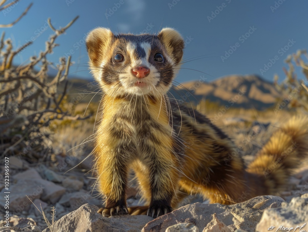 Close-up of Marbled Polecat in arid environment, unique predator, desert wildlife photography Close-up of Marbled Polecat in arid environment, unique predator, desert wildlife photography