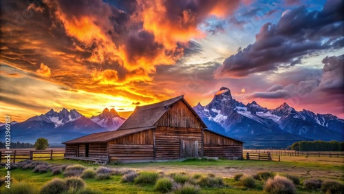 A breathtaking sunset casts vibrant hues over the historic barn at Mormon Row, highlighting its beauty within the stunning landscape of Grand Teton National Park.