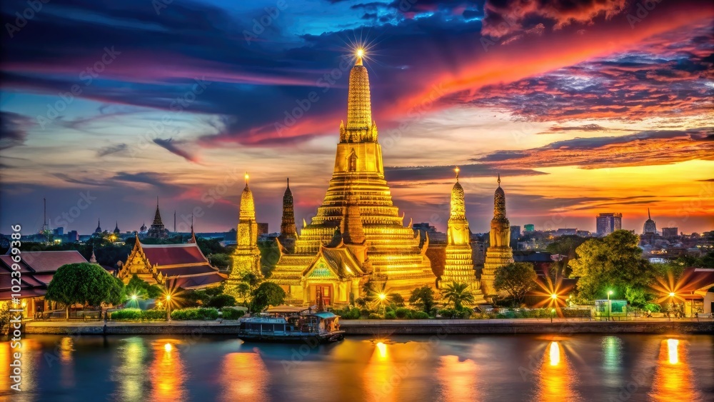 Obraz premium A breathtaking view of Wat Arun Temple shining brightly against the enchanting Bangkok skyline, showcasing the vibrant nightlife and cultural beauty of Thailand.