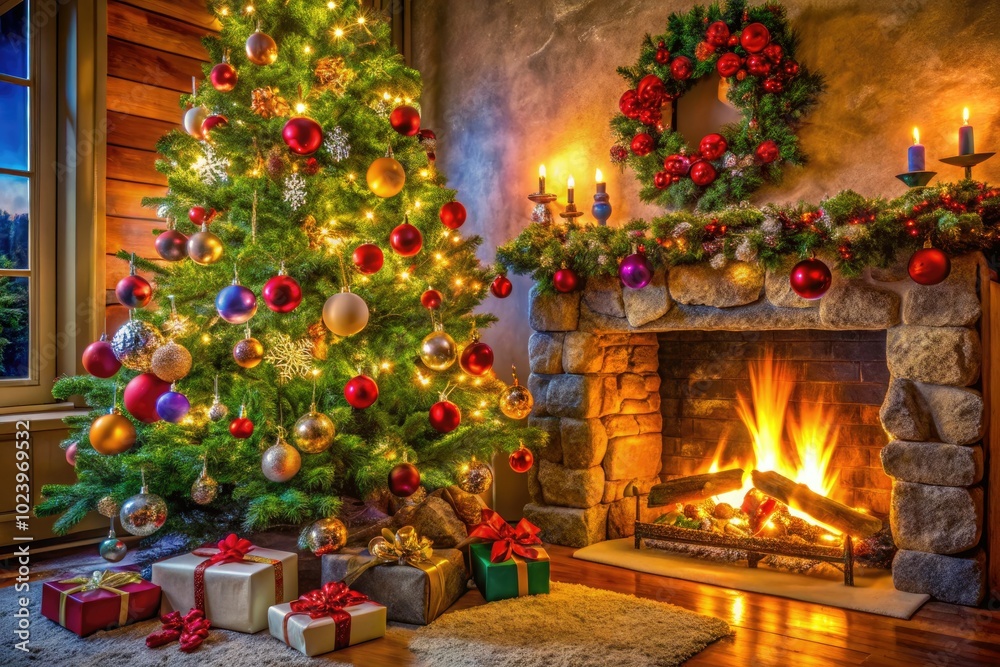 A bright Christmas tree stands next to a warm fireplace, creating a cheerful holiday atmosphere ideal for stores to celebrate the season.