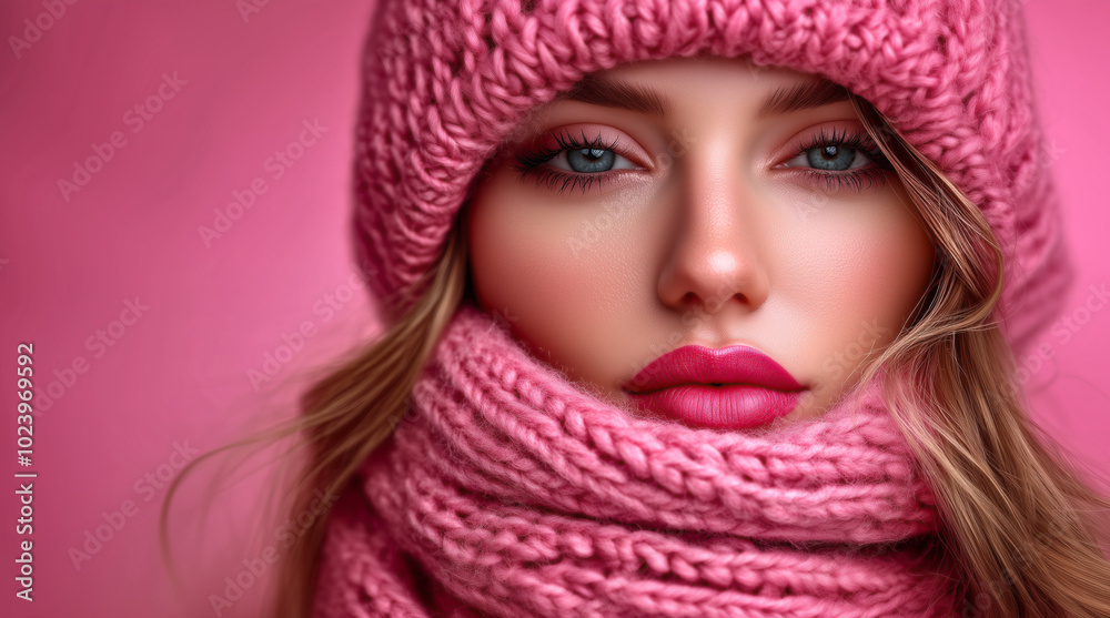 Winter Elegance: Close-Up of Young Woman in Pink Knit Hat and Scarf Winter Elegance: Close-Up of Young Woman in Pink Knit Hat and Scarf