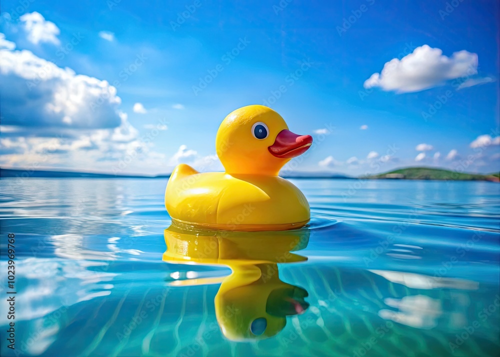 A bright yellow rubber duck drifts serenely on gentle blue waves, basking in the sun's warm glow in a peaceful outdoor setting. Pure tranquility unfolds. A bright yellow rubber duck drifts serenely on gentle blue waves, basking in the sun's warm glow in a peaceful outdoor setting. Pure tranquility unfolds.