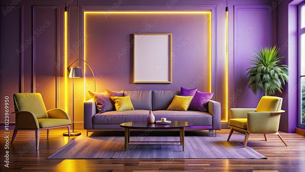 Blank Mockup Frame in Modern Living Room with Yellow and Purple Accents for Home Decor Ideas Blank Mockup Frame in Modern Living Room with Yellow and Purple Accents for Home Decor Ideas