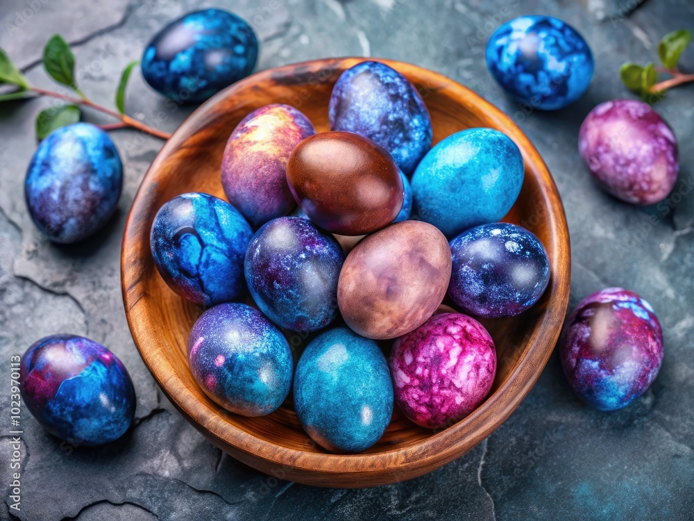 Blueberry marbled Easter eggs in a clay bowl on a stone backdrop create a charming festive decor, perfect for seasonal crafts and spring celebrations. Blueberry marbled Easter eggs in a clay bowl on a stone backdrop create a charming festive decor, perfect for seasonal crafts and spring celebrations.