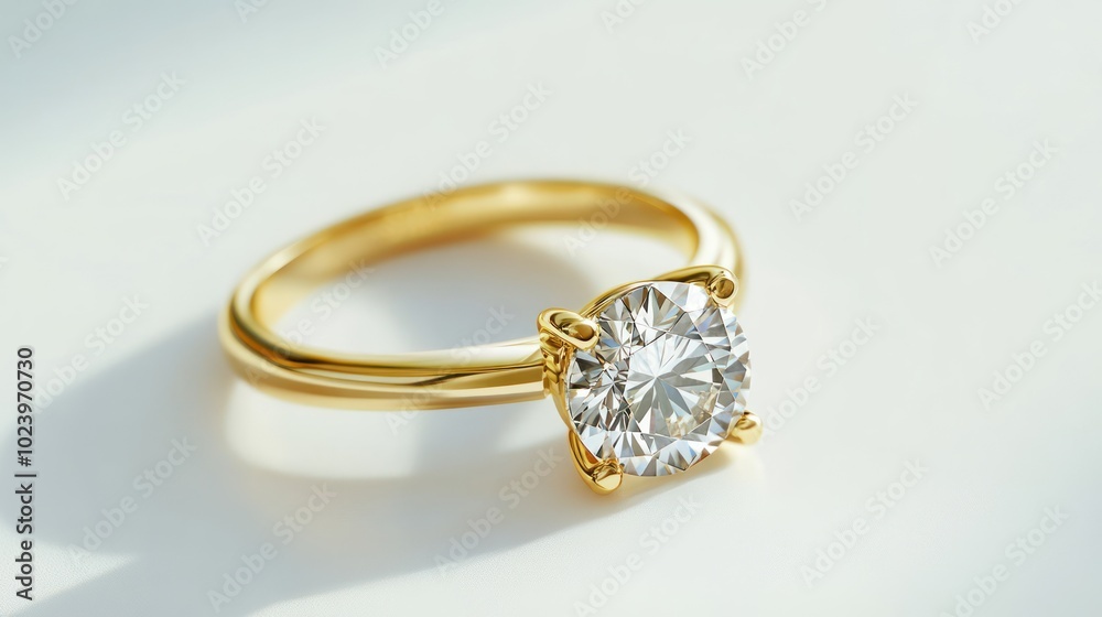 classic gold solitaire engagement ring with a large, sparkling diamond on a white background.