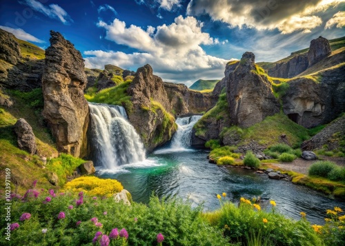 Breathtaking Landscape of Hjalparfoss Double Waterfall in Iceland's Majestic Scenery