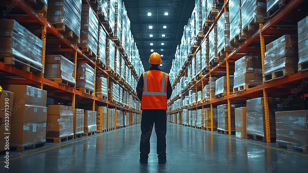 Warehouse Worker Inspecting High Shelves of Inventory Warehouse Worker Inspecting High Shelves of Inventory