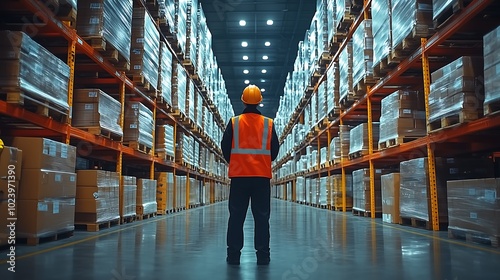 Warehouse Worker Inspecting High Shelves of Inventory