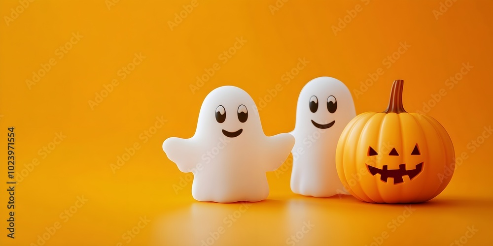 Halloween ghosts with funny pumpkin on orange background. Happy halloween holiday concept Halloween ghosts with funny pumpkin on orange background. Happy halloween holiday concept