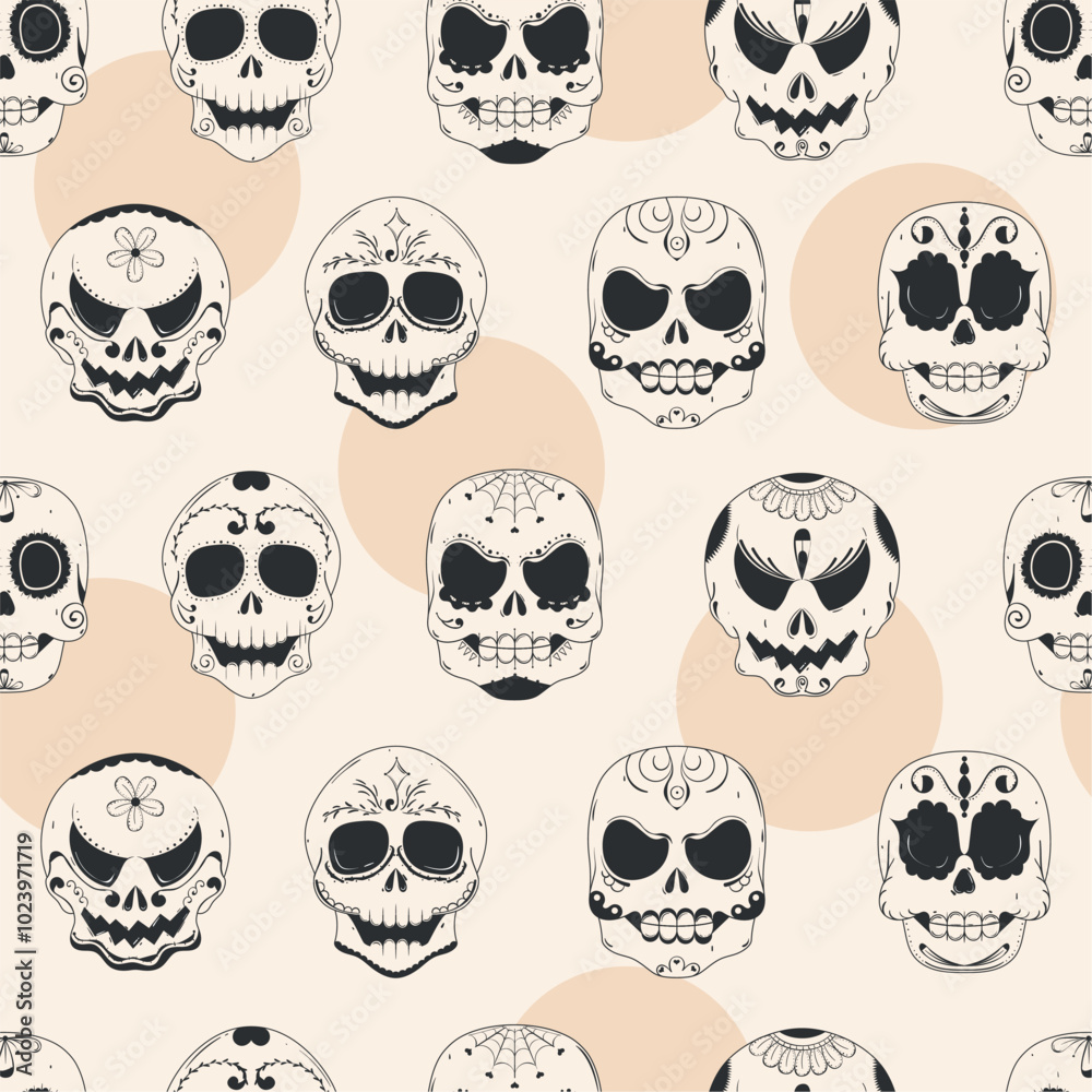 Halloween skull pattern with spooky and decorative designs, Vector Halloween skull pattern with spooky and decorative designs, Vector