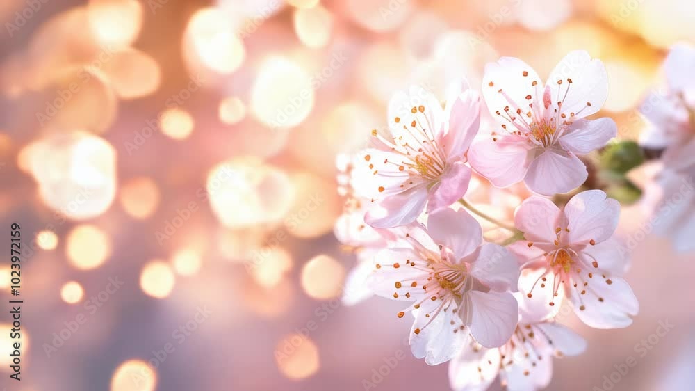 Soft pink cherry blossoms burst into bloom, adorned by gentle sunlight, creating a serene atmosphere that celebrates spring's arrival