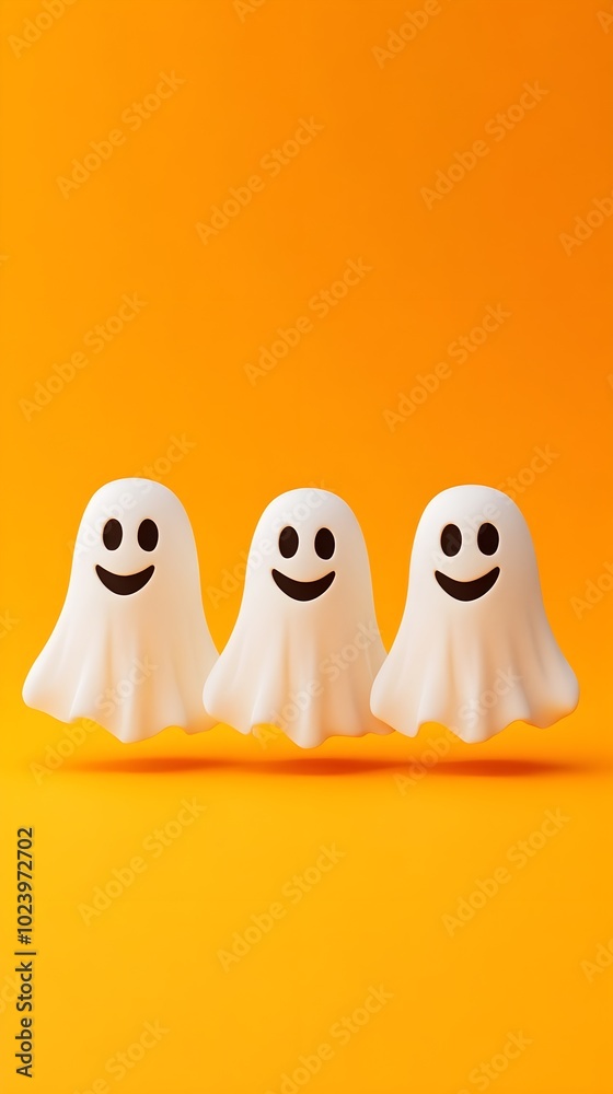 Fototapeta premium Halloween ghosts with funny pumpkin on orange background. Happy halloween holiday concept