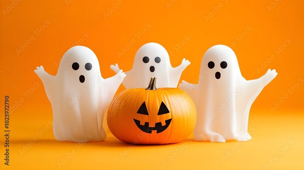 Halloween ghosts with funny pumpkin on orange background. Happy halloween holiday concept Halloween ghosts with funny pumpkin on orange background. Happy halloween holiday concept