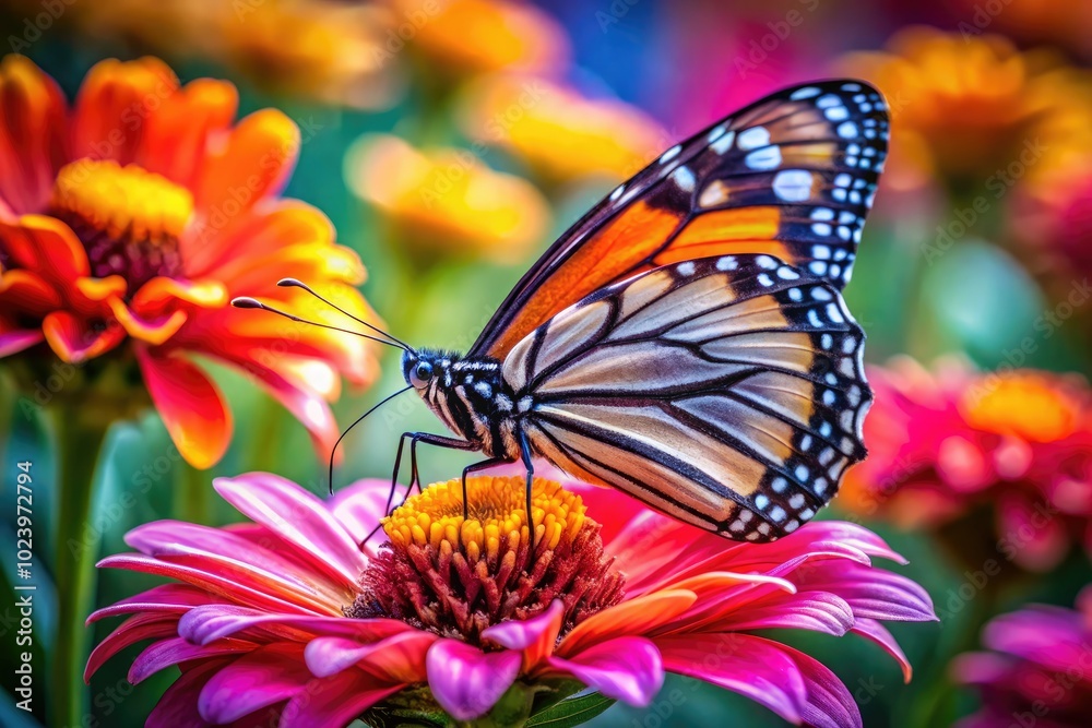 A butterfly delicately rests on a blooming flower, surrounded by lush greenery, showcasing the vivid colors of nature’s beauty in this enchanting macro photography scene. A butterfly delicately rests on a blooming flower, surrounded by lush greenery, showcasing the vivid colors of nature’s beauty in this enchanting macro photography scene.