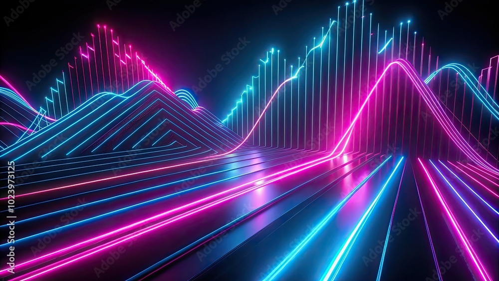 A captivating 3D animation features an abstract black background, showcasing vibrant pink and blue neon lines that rise and gradually fade into invisibility. A captivating 3D animation features an abstract black background, showcasing vibrant pink and blue neon lines that rise and gradually fade into invisibility.