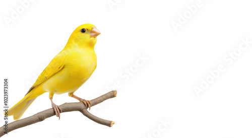 A vibrant yellow canary perched on a branch, isolated on a transparent background photo