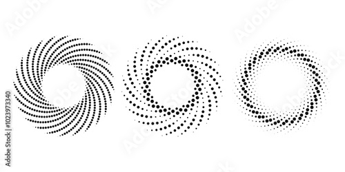 Set of black dotted vortex shapes. Geometric art. Halftone dots. Trendy design element for logo, tattoo, sign, symbol, web, prints, posters, social media, template, pattern and abstract background