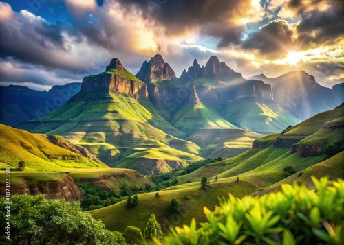 Captivating bokeh views of the Drakensberg Mountains at Amphitheatre in KwaZulu Natal, featuring extraordinary scenery and vibrant colors that evoke a sense of wonder. photo