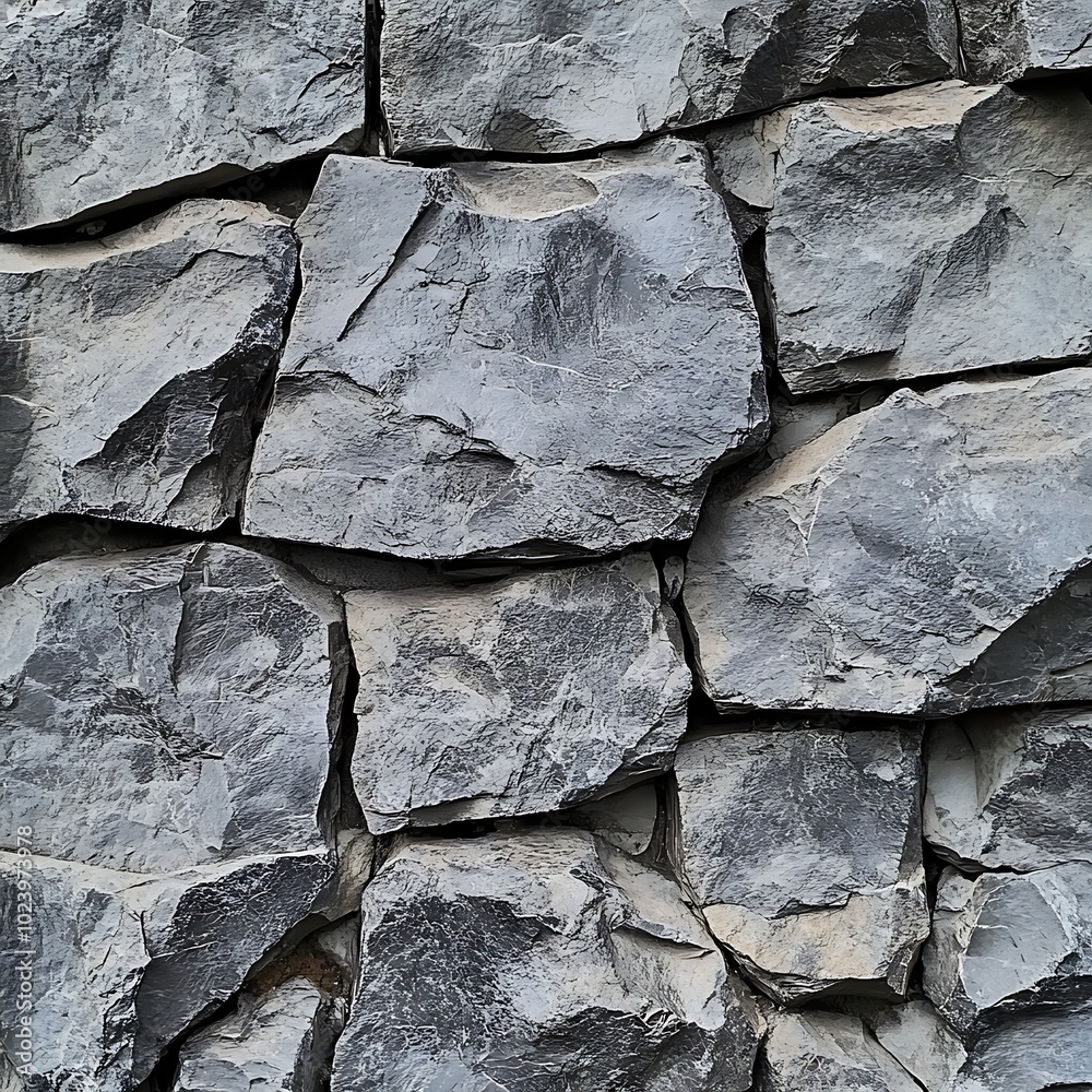A close-up view of a textured stone wall made of irregularly shaped gray rocks. A close-up view of a textured stone wall made of irregularly shaped gray rocks.