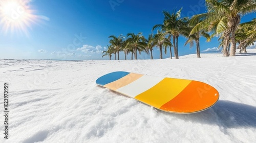 Colorful surfboard resting on white sand beach with palm trees and blue sky. photo